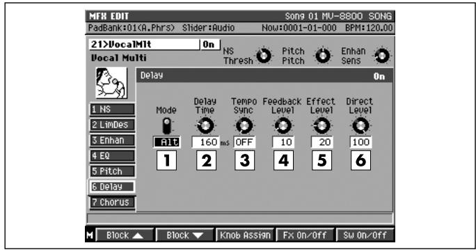 MFR EDIT Song 01 MU-8800 SONG PadBank:01(A.Phrs) Slider:Audio Now:0001-01-000 BPM:120.00 21>VocalMIt On Vocal Multi NS Thresh Pitch Pitch Pitch Enhan Sens Delay On 1 NS Delay Delay Time Tempo Sync Feedback Level Effect Level Direct Level Mode Alt 160 ms OFF 10 20 100 1 2 3 4 5 6 Block Block Knob Assign Fx On/Off SW On/Off