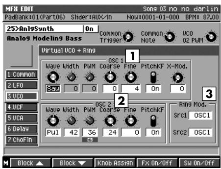 MFM EDIT Song 03 no no darlin PadBank*01(Part06) Slider:AUX/in Now*0001-01-000 BPM: 87.00 25>An19Synth On Rnalo9 Modelin9 Bass Common Trigger Common Note UCO 02 PWM Virtual UCO + Ring Wave Width PWM OSC 1 Fine PitchKF X-Mod. Saw 0 0 0 4 On 0 Wave Width OSC 2 Fine PitchKF Ring Mod. Pul 42 36 24 0 On Src1 OSC1 7 ChoFin ca Src2 OSC1 Block Block Knob Assign Fx On/Off Sw On/Off