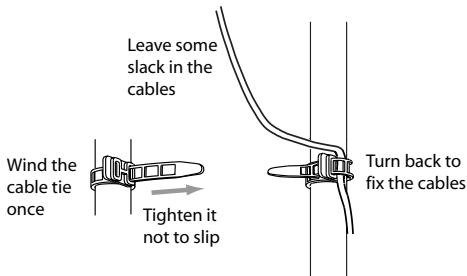 Leave some slack in the cables Wind the cable tie once Tighten it not to slip Turn back to fix the cables