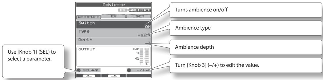 ROLAND OCTAPAD SPD-30 - Choose MENU → AMBIENCE → AMBIENCE (p. 16). - 1