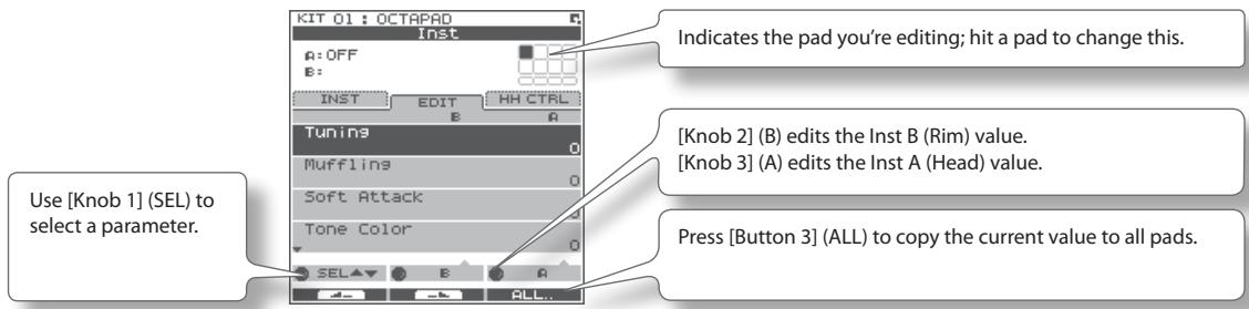 ROLAND OCTAPAD SPD-30 - Choose MENU → INST → EDIT (p. 16). - 1
