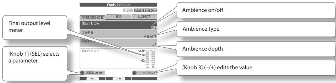 ROLAND OCTAPAD SPD-30 - Choose MENU → AMBIENCE → AMBIENCE (p. 16). - 1