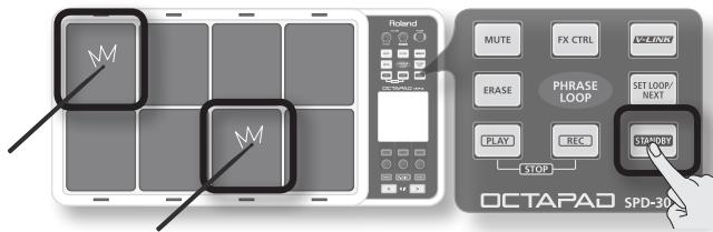 ROLAND OCTAPAD SPD-30 - Hold down the [STANDBY] button and make your choice by hitting the relative pad or by turning [Knob 1] (MEAS) or [Knob 2] (BEAT). - 1