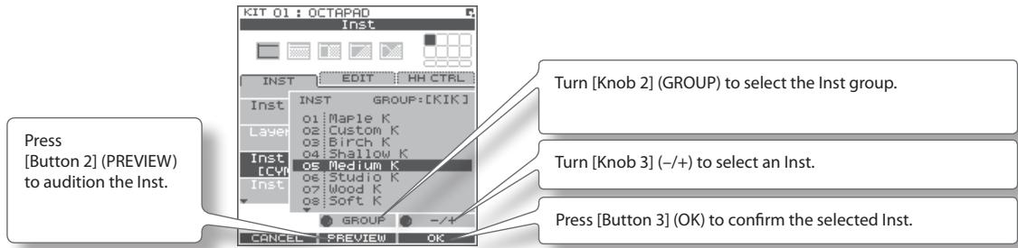 ROLAND OCTAPAD SPD-30 - Turn [Knob 3] (-/+) to select an Inst. - 1