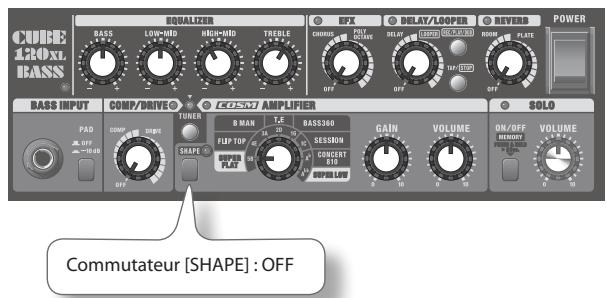 CUBE 120XL BASS EQUALIZER BAS LOW-MD HIGH-MD TREBLE CHANGES DELAY/LOOPER REVERB POWER OFF OFF OFF OFF BASS INPUT COMP/DRIVE TUNER D MAX T.E BASS360 FLIP TOP SESSION CONCERT SPEELOW SOLO ON/OFF VOLUME OFF OFF OFF OFF COMmutateur [SHAPE] : OFF