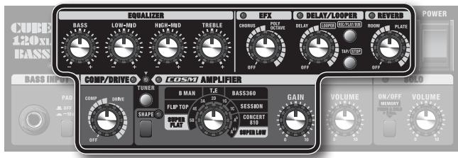 CUBE 120x1 BASS EQUALIZER BASS LOW-MD HIGH-MD TREBLE OFF EXF DELAT/LOOPER REVERB CHORAGE PUCT/DOUVE DELAT COM/ GROWARD ROOM PLATE OFF TOP 010 OFF POWER COMP/DRIVE COSM AMPLIFIER TUNER R MAN T.E BASS360 FLIP TOP SESSON CONCERT 810 SUPER LOW GAIN VOLUME ON/OFF VOLUME MEMORY OFF OFF OFF PAS OFF BASS INPUT