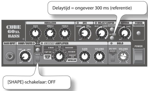 Delaytijd = ongeveer 300 ms (referentie) CUBE GOxL BASS EQUALIZER BASS MODULE TREELE EFX DELAY/LOOPER REVERS POWER SQUEZER CHORIS OFF SPRING ONION PLATE [SHAPE]-schakelaar: OFF