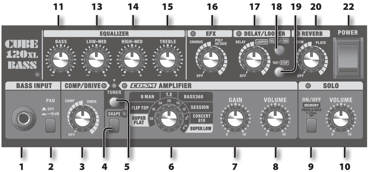CUBE 120x1 BASS EQUALIZER BASS LOW-MID HIGH-MID TREBLE EFX CHORUS POLY OCTAVE DELAY/LOUER DELAY LOOPER RECY LAY/DUB TAP/ STOP REVERB DOM PLATE POWER OFF OFF OFF OFF BASS INPUT COMP/DRIVE COSM AMPLIFIER TUNER B MAN T.E. BASS360 FLIP TOP SESSION SUPER FLAT CONCERT 810 SUPER LOW GAIN VOLUME ON/OFF MEMORY PRESS & HOLD >2sec. VOLUME 1 2 3 4 5 6 7 8 9 10