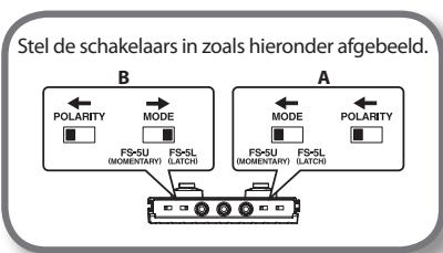 Stel de schakelaars in zoals hieronder afgebeeld. B POLARITY MODE FS+SU (MOMENTARY) FS+SL (LATCH) A MODE POLARITY FS+SU (MOMENTARY) FS+SL (LATCH)