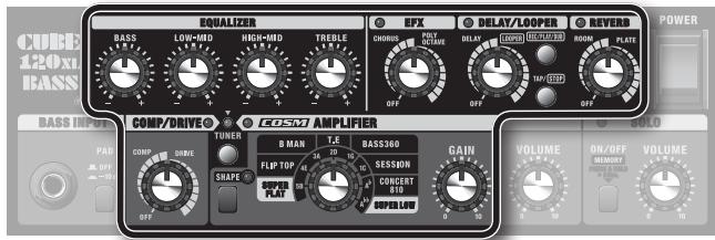 CUBE 120x1 EASS BASS LOW-MD HIGI-MD TREBLE EFX DELAY/LOOPER REVERB POWER COMP/DRIVE® COSM AMPLIFIER BASS INPUT PAS OFF COMP MODE THASE FLIP TOP FLIP PLAT B MAN T.E. BASS360 SESSDON CONCERT 810 SUPER LOW GAIN VOLUME ON/OFF MEMORY VOLUME 0 10 0 10 0 10 0 10 0 10 0 10 0 10 0 10 0 10 0 10 0 10 0 10 0 10 0 10 0 10 0 10 0 10 0 10 0 10 0 10 0 10