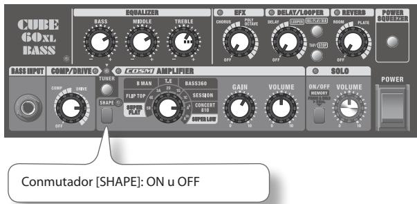 CUBE GO XL BASS EQUALIZER BASS MIDDLE TRICLE CHORAGE DELAY/LOOPER REVERB POWER SQUIRER BASS INPUT COMP/DRIVE TUNER B MAN TLE BASS300 FLIP TOT SESSION GAIN VOLUME ON/OFF VOLUME POWER CONUTADOR [SHAPE]: ON u OFF