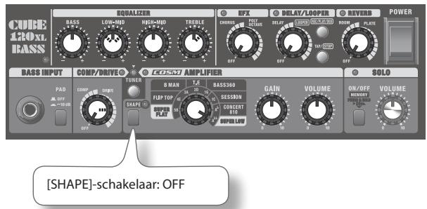 CUBE 120XL BASS EQUALIZER BAS LOW-MID HIGH-MID TREBLE OFF CPX DELAY/LOOPER RIVERB POWER BASS INPUT COMP/DRIVE TUNER BOSM AMPLIFIER SOLO PAD COMP SHWE MAN T.E. BASS360 FLIP TOP SESSRON GAIN VOLUME ON/OFF VOLUME [SHAPE]-schakelaar: OFF