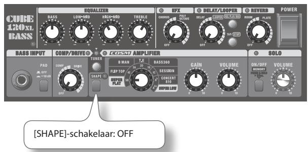 CUBE 120XL BASS EQUALIZER BASS LOW-MID HIGH-MID TREEL OFF EXP DELAY/LOOPER REVERB POWER BASS INPUT COMP/DRIVE TUNER BOSM AMPLIFIER SOLO PAD COMP SWAVE MAN T.E BASS360 FLIP TOP SESSON CONBERT RIO GAIN VOLUME ON/OFF VOLUME [SHAPE]-schakelaar: OFF