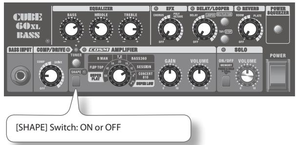 CUBE GOLX BASS RQUANTER BASS MIDDLE TREBLE OFF RFX DELAY/LOOPER CORRUER DOLLAR SHORES DOWN PLATE POWER SQUEZER BASS INPUT COMP/DRIVE TUNER EOSM AMPLIFIER SOLO POWER [SHAPE] Switch: ON or OFF