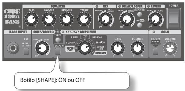 CURE 120XL BASS EQUALIZER BASS LOW-MD HIGH-MD TREPLE EXX DELAY/LOOPER REVERB POWER OFF OFF OFF OFF BASS INPUT COMP/DRIVE COSCO AMPLIFIER SOL PAD COMP TUNER D MAN T.E BASS360 FLIP TOP SESSION CONCERT RIO SOLO ON/OFF VOLUME RESET VOLUME OFF OFF OFF OFF BOTÃO [SHAPE]: ON ou OFF