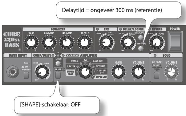 Delaytijd = ongeveer 300 ms (referentie) CUBE 120xL BASS EQUALIZER BASSE LOW-MID HIGH-MID TREBLE EPIX DELAT/LOOPER REVERB POWER BASS INPUT COMP/DRIVE FUSK AMPLIFIER SOLO PAD COMP MINI TUNER B MAN T.E BAS360 GAIN VOLUME ON/OFF VOLUME MAX OFF FLIP TOP SESSON CONCERT 810 SUPER LIND SHAPE SUPER PLAT [SHAPE]-schakelaar: OFF