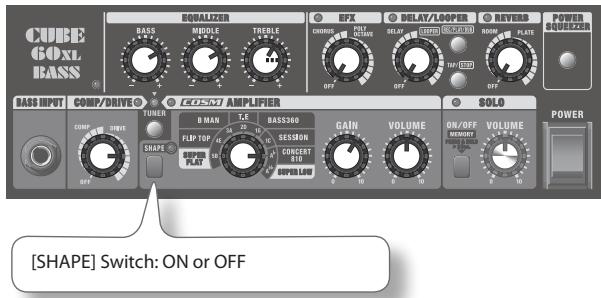 CUBE GOLX BASS EQUALIZER BASS MIDDLE TREELLE EFX DELAY/LOOPER REVERS POWER GOLX BASS OFF OFF OFF OFF SOLO POWER BASS INPUT COMP/DRIVE TUNER D MAIN FLIP TOP BASS300 SEASON CONCERT RIO SUPER LIME ON/OFF VOLUME ON/OFF VOLUME [SHAPE] Switch: ON or OFF