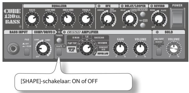 CUBE 120XL BASS EQUALIZER BASS LOW-MID HIGH-MID TREOLE EXP DELAY/LOOPER REVERB POWER OFF OFF OFF OFF BASS INPUT COMP/DRIVE TUNER R MAN T.E. BASS360 GAIN VOLUME SOLO ON/OFF VOLUME [SHAPE]-schakelaar: ON of OFF