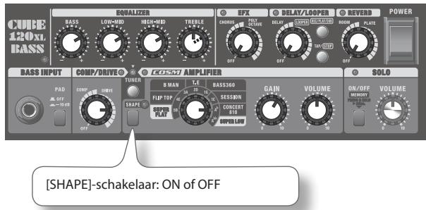CUBE 120XL BASS EQUALIZER EFX DELAY/LOOPER REVERB POWER BASS INPUT COMP/DRIVE COSM AMPLIFIER SOLO PAD COMP SHWE TUNER B MAN T.E. BASS360 GAIN VOLUME ON/OFF VOLUME [SHAPE]-schakelaar: ON of OFF
