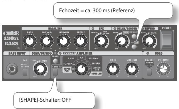 Echozeit = ca. 300 ms (Referenz) CUBE 120xL BASS EQUALIZER BASS LOW-MID HIGH-MID TREELE EFX DELAY/LOOPER REVERB POWER BASS INPUT COMP/DRIVE COSCO AMPLIFIER SOLO PAD CHMP TUNER R MAN T.E BASS390 GAIN VOLUME ON/OFF VOLUME [SHAPE]-Schalter: OFF