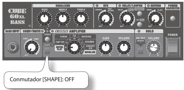 CUBE GQXL BASS RQUANTER BASS MODULE TREBLE CHORAGE DELAY/LOOPER ROCKET PLATE POWER SQUEZER BASS INPUT COM/DRIVE TUNER COMPUTAL POWER SHAPE EOSM AMPLIFIER B MAN T.E. BASS360 FLIP TOP 14 20 31 SESSON CONCENT 810 SPRING LIME GAIN VOLUME 0 10 0 19 SOLO ON/OFF VOLUME STANDARD POWER & SQUEZER POWER Conmutador [SHAPE]: OFF