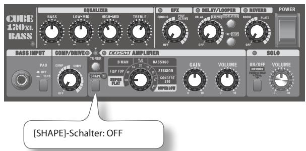 CUBE 120XL BASS EQUALIZER BAS LOW-MID HIGH-MID TRELL OFF EXP DELAY/LOOPER REVERB POWER CHORAGE OUT CHANGE DELAY STRAW GAIN VOLUME ROOM PLATE OFF OFF OFF OFF OFF BASS INPUT | COMP/DRIVE | COSM AMPLIFIER | SOLO PAD COMP SHWE TUNER D MAX T.E. BASS360 FLIP TOP SESSION CONCERT RED SPEED LOW ON/OFF VOLUME [SHAPE]-Schalter: OFF