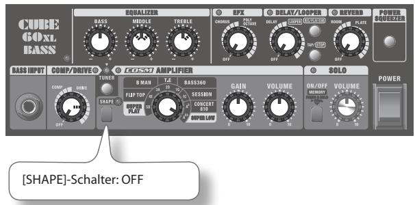 CUBE GO XL BASS RASS BQUALIZER BFX DELAY/LOOPER REVERB POWER SQUERZER BASS INPUT COMP/DRIVEO TUNER EOSM AMPLIFIER SOLO POWER [BANK T4 BASS360 GAIN VOLUME ON/OFF VOLUME FLIP TOP SESSON CONCENT BID 10 10 10 10 10 10 10 10 10 10 10 10 10 10 10 10 10 10 10 10 10 10 10 10 10 10 10 10 10 10 10 10 10 10 [SHAPE]-Schalter: OFF