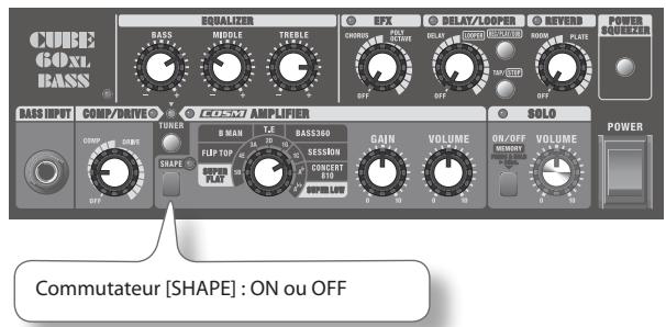 CUBE G0XL BASS® EQUALIZER BASS MIDDLE TREBLE OFF EFX DELAY/LOOPER CHORUS SOLV SOLV REVERB ROOM PLATE POWER QUIRER BASS INPUT COMP/DRIVE TUNER B MAN FLDP TOP SESSON CONCENT SPRING SOLO ON/OFF VOLUME ON/OFF VOLUME POWER COMPUTER [SHAPE] : ON ou OFF