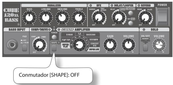 CUBE 1.20XL BASS EQUALIZER BASS LOW-MID HIGH-MID TREPLE EPL DELAY/LOOPER REVERB POWER OFF CHANGE OUTCIVE DELAY GAIN GREEN ROOM PLATE OFF BASS INPUT COMP/DRIVE COST AMPLIFIER SOLO PAD COMP DRIVE TUNER R MAN T.E BASS360 FLIP TOP SESSION CONCERT RED SPEED ON/OFF VOLUME OFF OFF OFF VOLUME OFF Conmutador [SHAPE]: OFF