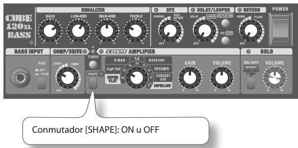 CUBE x20xL BASS EQUALIZER EFX DELAY/LOOPER REVERB POWER BASS INPUT COMP/DRIVE COSM AMPLIFIER SOLO PAD COMP SHWE TUNER B MAN TLE BASS360 GAIN VOLUME ON/OFF VOLUME OFF OFF FLIP TOP SESSION CONSENT RIO SUPER PLAY SUPER LOW COMPUTER [SHAPE]: ON u OFF