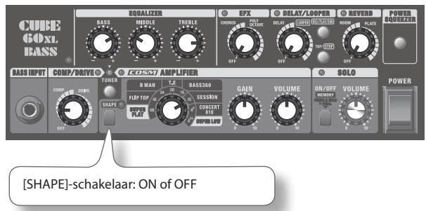 CUBE GOXL BASS® BASUALIZER BASSE MIDDLE THOTLE CHORUS OIL SEATRY DELAY/LOOPER REVERB POWER SQUIZTER OFF OFF OFF ON/OFF BASS INPUT COMP/DRIVE COASM AMPLIFIER SOLO POWER TUNER COMP 1000 SHAPE® FLIP TOP CONCENT ON/OFF VOLUME ON/OFF VOLUME [SHAPE]-schakelaar: ON of OFF