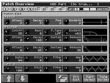 Patch Overview KBD Part [50 true...] Patch Edit Filter Attack Decay Fine EnvOptn FILTER Cutoffs Reso F.Tube EnvOptn 35 LPF 4.53 Attack Decay Sustan Release 70 AMP Attack Decay Sustan Release 35 LFO 1 Rate Pitch Filter Ampl 94 Rate Pitch Filter Ampl 100 Pro Edit Part Select Tone SW/5A