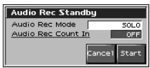 Audio Rec Standby Audio Rec Mode SOLO Audio Rec Count In OFF Cancel Start