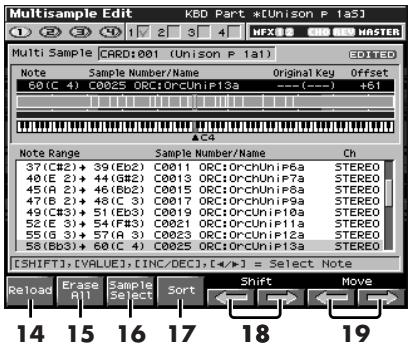 Multisample Edit KED Part *[Unison P 1a5] Multi Sample CARD:001 (Unison P 1a1) Note Sample Number/Name Original Key Offset 60(C 4) C0025 ORC:ORCUnIP13a ---(---) +1 Note Range Sample Number/Name Ch 37(C#2)+ 39(Eb2) C0011 ORC:OrchUnip6a STEREO 40(E 2)+ 44(G#2) C0013 ORC:OrchUnip7a STEREO 45(A 2)+ 46(Bb2) C0015 ORC:OrchUnip8a STEREO 47(E 2)+ 48(C 3) C0017 ORC:OrchUnip9a STEREO 49(C#3)+ 51(Eb3) C0019 ORC:OrchUnip10a STEREO 52(E 3)+ 54(F#3) C0021 ORC:OrchUnip11a STEREO 55(G 3)+ 57(A 3) C0023 ORC:OrchUnip12a STEREO 58(Bb3)+ 60(C 4) C0025 ORC:OrchUnip13a STEREO [SHIFT],[VALUE],[INC/DEC],[4,>] = Select Note Reload Erase Sample Sort Shift Move 14 15 16 17 18 19