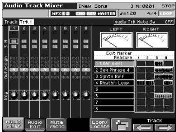 Audio Track Mixer Track Trk1 Audio Trk Mute 5v OFF LEFT RIGHT Edit Marker Measure 1 User 0001 2 Seq Phrase 4 3 Synth Riff 4 Rhythmic Loop 5 6 7 8 Audio Mixer Audio Edit Mute /Solo Loop/ Locate Track