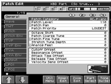 Patch Edit KBD Part [50 true...] 1/19 General Wave TMT Pitch Pitch Env TVF TVF Env TVA TVA Env Output LFO1 LFO2 Patch Category Patch Level Patch Pan Patch Priority Octave Shift Patch Coarse Tune Patch Fine Tune Stretch Tune Depth iNaloos Feel Cutoff Offset Resonance Offset Attack Time Offset Release Time Offset Velocity Sens Offset Util Menu Msepl Edit Zoom Part Select Tone SW/Set