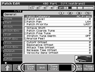 Patch Edit kBD Part [UltimateGrand] 1/19 General Wave TMT Pitch Pitch Env TVF TVF Env TVA TVA Env Output LFO1 LFO2 Patch Category Patch Level Patch Pan Patch Priority Octave Shift Patch Coarse Tune Patch Fine Tune Stretch Tune Depth Ahalos Feel Cutoff Offset Resonance Offset Attack Time Offset Release Time Offset Velocity Sens Offset Zoom Edit Init Tone Copy Sort Tone SW561