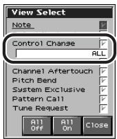View Select Note Control Change ALL Channel Aftertouch Pitch Bend System Exclusive Pattern Call Tune Request A11 Off A11 On Close