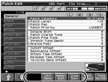 Patch Edit K&D Part (50 true...) 1/19 General Wave TMT Pitch Pitch Env TVF TVF Env TVA TVA Env Output LFO1 LFO2 Patch Category Patch Level Patch Pan Patch Priority Octave Shift Patch Coarse Tune Patch Fine Tune Stretch Tune Depth Rinaloa Feel Cutoff Offset Resonance Offset Attack Time Offset Release Time Offset Velocity Sens Offset Util Menu Mamp Edit Zoom Edit RT Select RC Piano WASTER