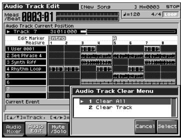 Audio Track Edit [New Song] J=120 4/4 1000 Mean 0003-01 Audio Track Current Position Track 7 3:01:000 Edit Marker Feature 1 User 0001 2 Seq Phase 4 3 Synth Riff 4 Digital Loop 5 6 7 8 Current Event Audio Track Clear Menu 1 Clear All 2 Clear Track Audio Mixer Audio Edit Mute /Solo Cancel Select