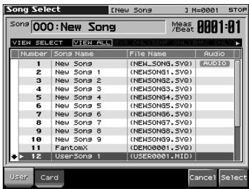 Song Select 000: New Song View Select Number Songs Name File Name Audio 1 New Songs (NEHSON6,5VQ) AUDIO 2 New Songs 1 (NEHSON61,5VQ) 3 New Songs 2 (NEHSON62,5VQ) 4 New Songs 3 (NEHSON63,5VQ) 5 New Songs 4 (NEHSON64,5VQ) 6 New Songs 5 (NEHSON65,5VQ) 7 New Songs 6 (NEHSON66,5VQ) 8 New Songs 7 (NEHSON67,5VQ) 9 New Songs 8 (NEHSON68,5VQ) 10 New Songs 9 (NEHSON69,5VQ) 11 Fantonix (DEMO0001,5VQ) 12 UserSongs 1 (USER0001,MID) User Card Cancel Select