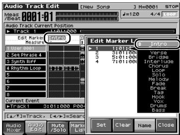 Audio Track Edit [New Song] M=0001 STOP /Beat 0001-01 Audio Track Current Position Track 1 1:01:000 Edit Marker Intro Measure User(s) 2 Set Phrase 4 3 Smith Riff 4 Rhythm Loop 5 6 7 8 Current Event Track 1 3:01:000 P00- [...]Track, [...] =5ear Audio Mixer Audio Edit Mute Mark List Edit Marker L Intro 1:01:000 2 3:01:000 3 5:01:000 4 7:01:000 Verse Bridge Interlude Chorus Loop Solo Melody Fade Break Tag Hook Voy Drums Bass Set Clear Name Close