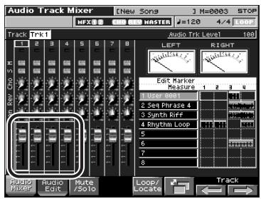 Audio Track Mixer Trk1 Audio Trk Level 100 Left RIGHT Edit Marker Measure 1 User 0001 2 Seq Phrase 4 3 Synth Brff 4 Rhythm Loop 5 6 7 8 Radio Mixer Audio Edit Mute Solo Loop/Locate Track