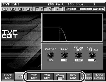 TVF Edit KBD Part (50 true...) MPX MASTER TVF EDIT Cutoff Reso Filter Type Key Follow 35 0 LPF 0 Pitch Env TVF Env TVR Env Pro Edit Tons SW/SET