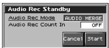 Audio Rec Standby Audio Rec Mode AUDIO MERGE Audio Rec Count In OFF Cancel Start