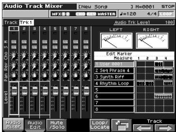 Audio Track Mixer [New Songs] M=0001 STOP HFX 128 4/4 1000 MASTER Track Trk1 Audio Trk Level 100 LEFT RIGHT Edit Marker Measure 1 2 3 4 1 User 0001 2 Seq Phrase 4 3 Synth Riff 4 Rhythmic Loop 5 6 7 8 Audio Mixer Audio Mute Loop/LOCate Track