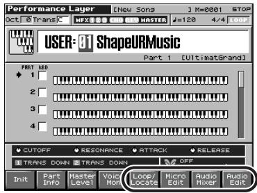 Performance Layer [Heu Sons] 1 H=0001 STOP Oct ▶ Trans C NFX ▶ MHD ▶ MASTER ▶ 120 4/4 LOOP USER: 81 ShapeURMusic Part 1 [UltimatGrand] PRINT NO. 1 2 3 4 CUTOFF RESONANCE ATTACK RELEASE TRANS DOWN TRANS DOWN OFF Init Part Info Master Level Voice Mon Loop/LOCATE Micro Edit Audio Mixer Audio Edit