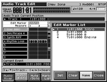 Audio Track Edit Measure 0001:01 Track 1 1:01:000 Edit Marker Feature 1 2 Edit Marker List 1 1:01:000 Intro 3:01:000 B 5:01:000 B 7:01:000 Ending 3 4 Current Event Track 1 3:01:000 P00 [←/→] = Track, [←/→] = Search Audio Mixer Audio Edit Mute Mark List Set Clear Name Close