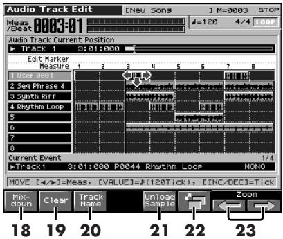 Audio Track Edit [New Songs] M=0003 STOP 0003-01 Track 1 3:01:00 Edit Marker Measure 1 2 3 4 5 6 7 8 1 User 0001 2 Sea Phase 4 3 Synth Riff 4 Rhythm Loop 5 6 7 8 Current Event 1/4 Track1 3:01:000 P0044 Rhythm Loop MONO MOVE [←→]=Meas, [VALUE]=A(120Tick), [INC/DEC]=Tick Mix-down Clear Track Name Unload Sample Zoom 18 19 20 21 22 23