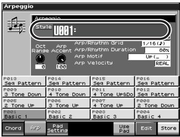 Arpeggio Style U801: Oct Range 100 Arp Accent Arp/Rhythm Grid 1/16 (J) ARP/Rhythm Duration 80% ARP Motif UP ( _ ) ARP Velocity REAL P013 Sea Pattern P014 Sea Pattern P015 Sea Pattern P016 Sea Pattern P005 3 Tone Down P010 4 Tone Down P011 4 Tone UP&DO P012 Sea Pattern P005 2 Tone UP P006 3 Tone UP P007 4 Tone UP P008 2 Tone Down P001 Basic 1 P002 Basic 2 P003 Basic 3 P004 Basic 4 Chord APP Pad Settings Use Pad Edit Store